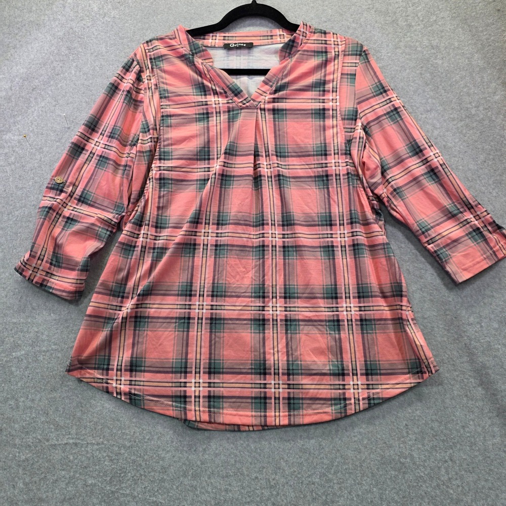 Quinee Pink Green Plaid V-Neck Tunic Blouse 3/4 Roll Tab Sleeve Womens Medium‎